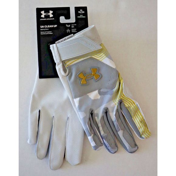 Under Armour 1365468 094 Men’s Sz XL Gray/White/Gold Clean Up 21 Batting Gloves - Picture 2 of 4